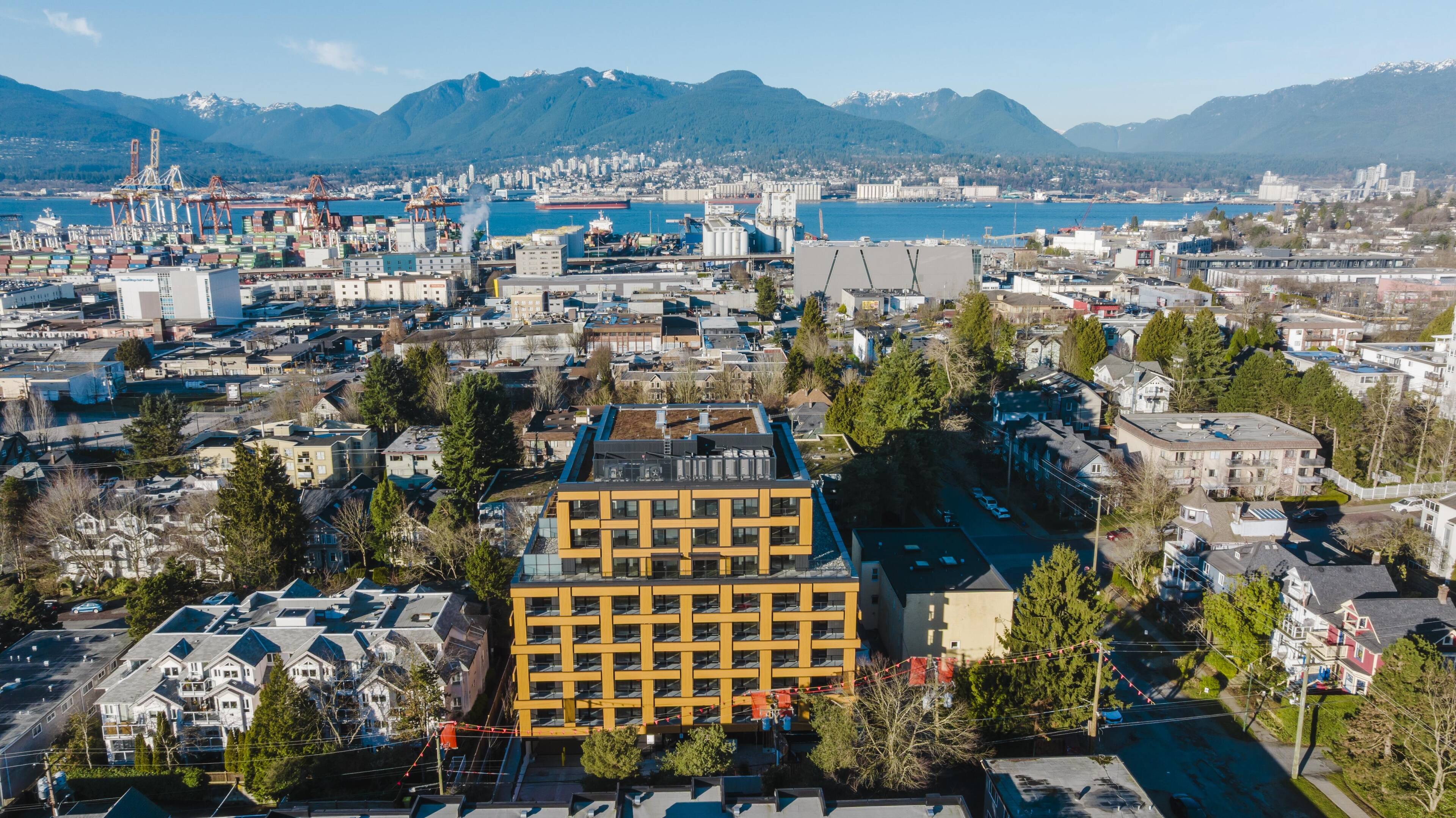 Aerial view of a wooden building under construction