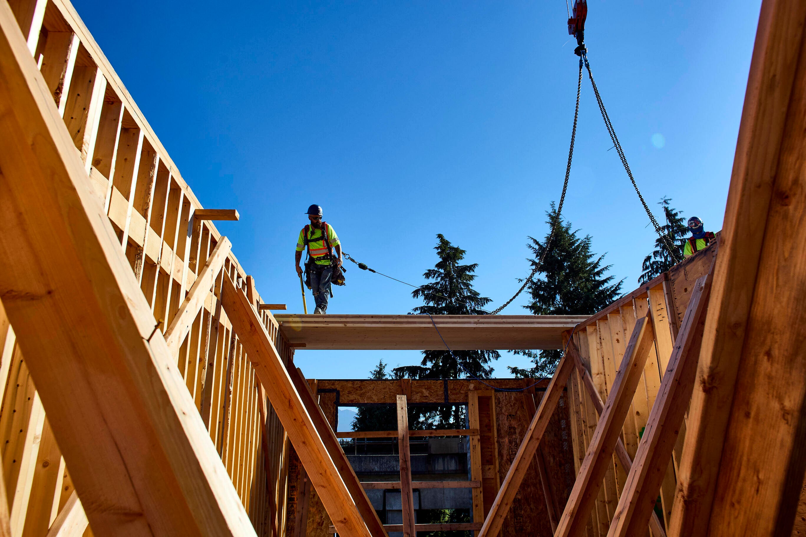 Aerial view of a wooden building under construction