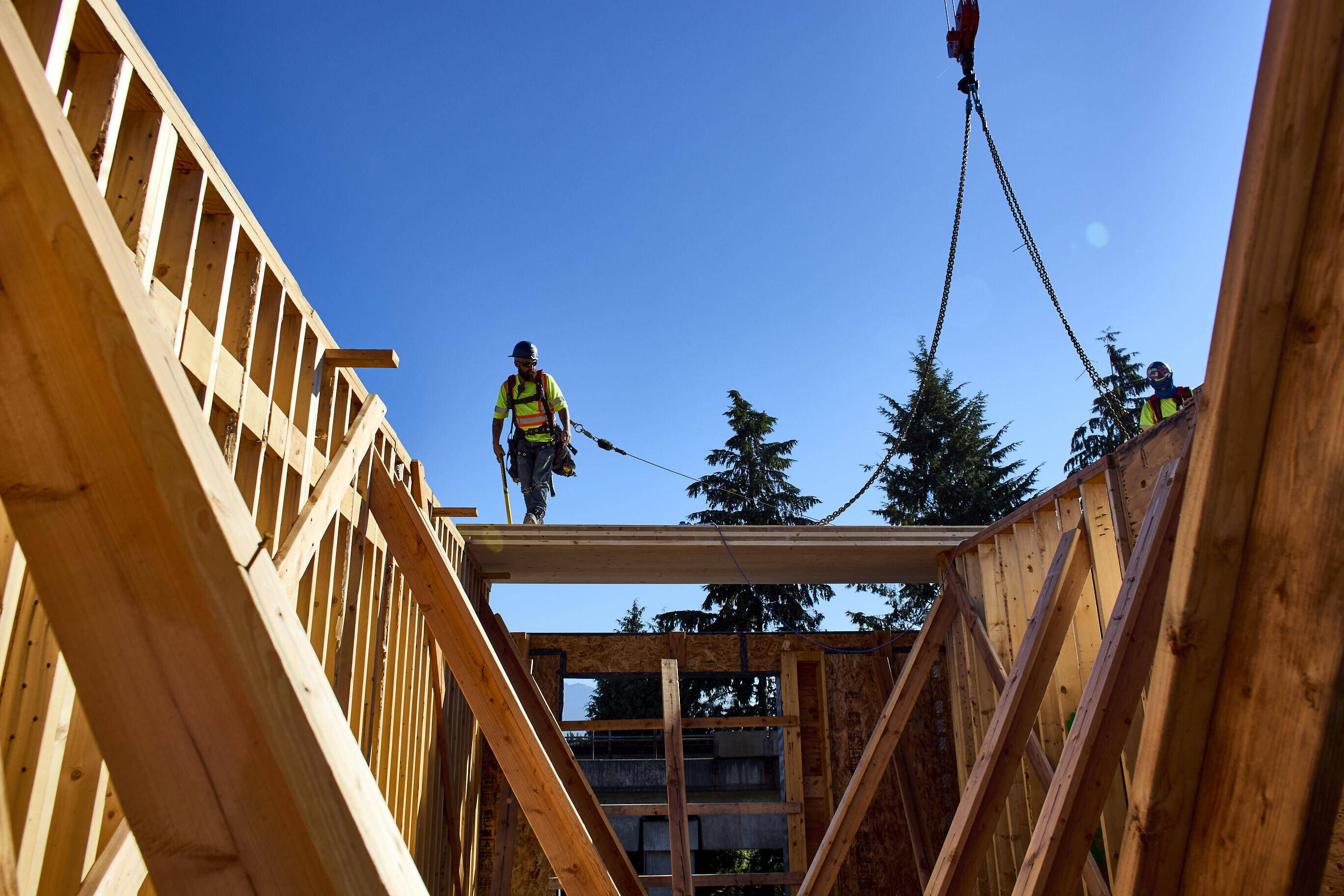 Aerial view of a wooden building under construction