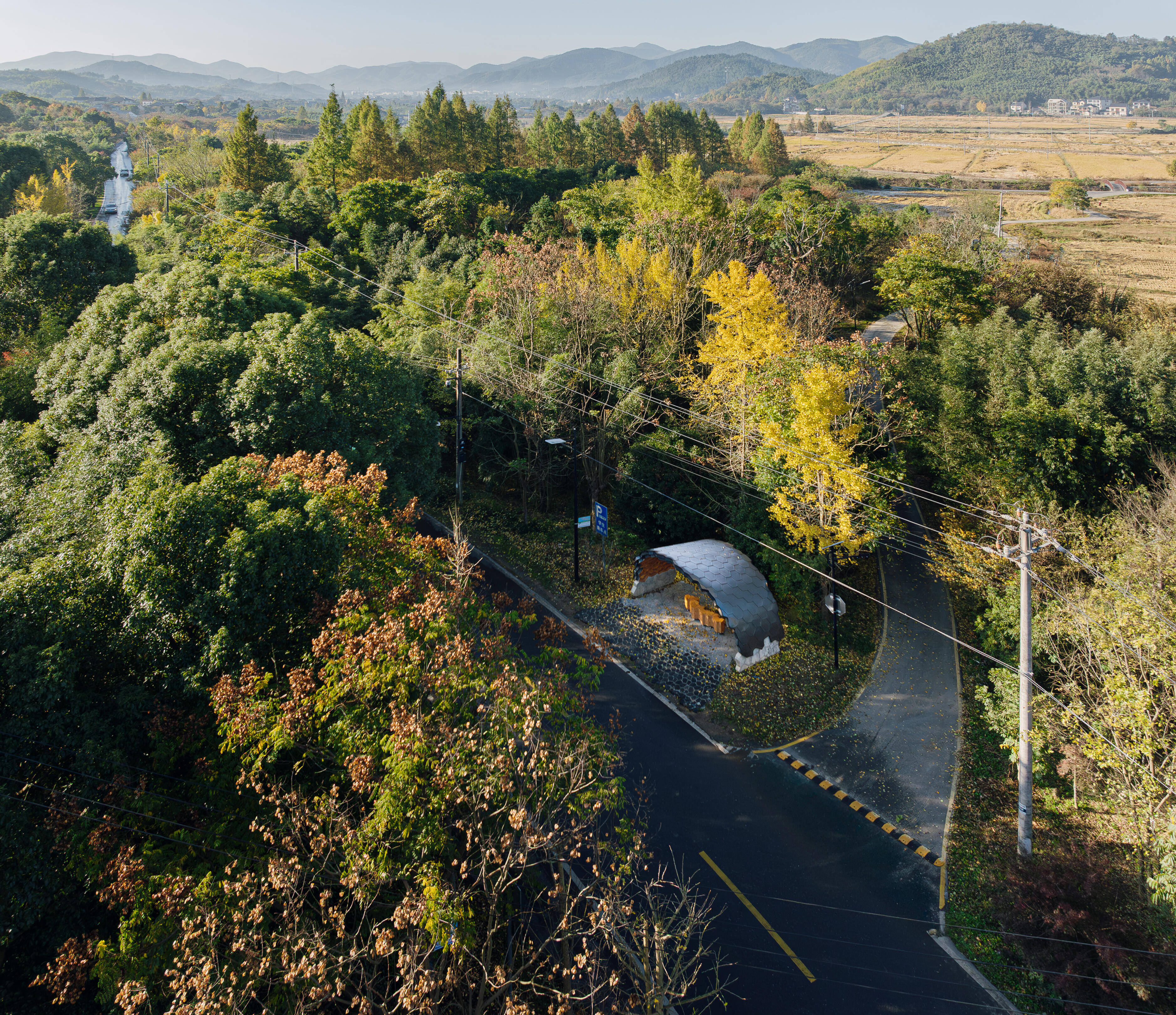 Aerial view of a wooden building under construction