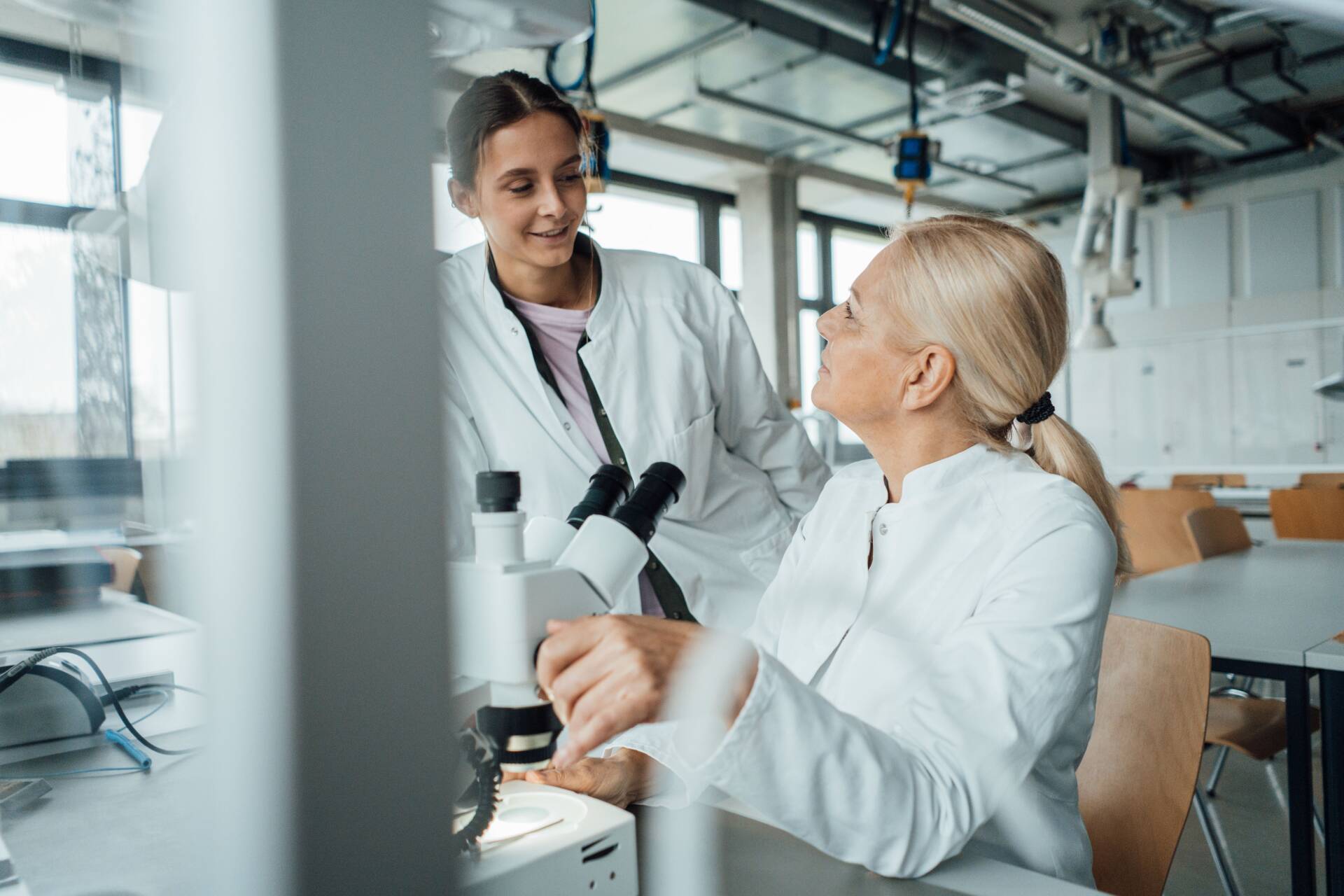 Image of two researchers having a discussion in a laboratory.