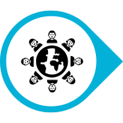 blauwe druppelvorm met middenin een pictogram van een wereldbol omgeven door verbonden lijnen