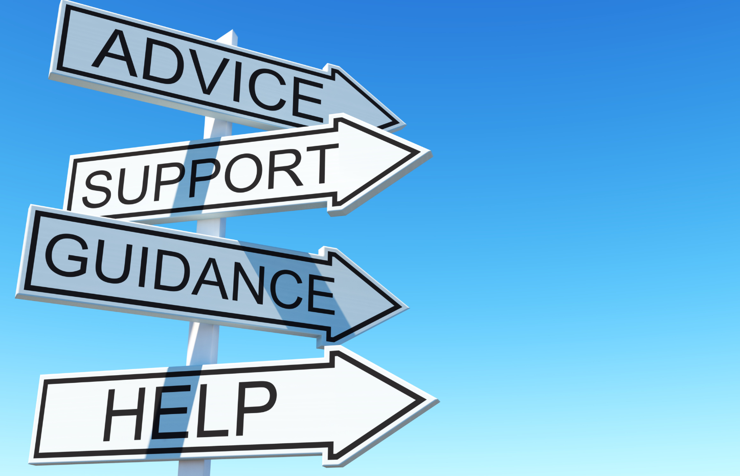 wegwijzer met borden met teksten: help, guidance, support, advice