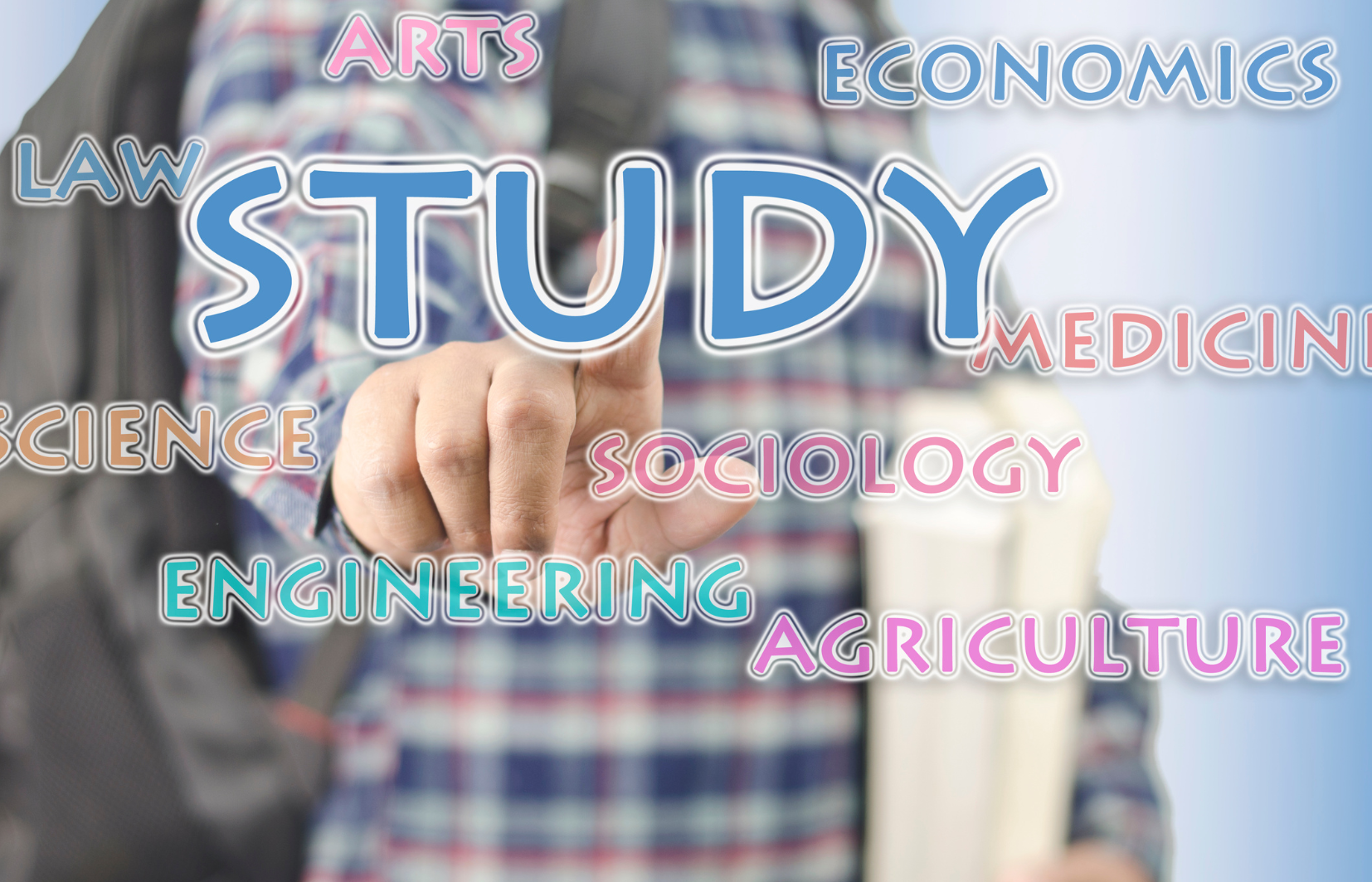 termen van opleidingsmogelijkheden, zoals Economics, Engineering, Medicine. Een vinger wijst naar het woord: Study