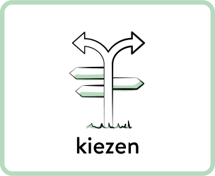 Illustratie van een wegwijzer met pijlen naar links en rechts met tekst: kiezen en link naar meer informatie over dit sleutelmoment