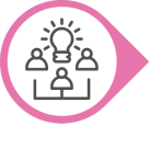 een lila druppel met middenin een pictogram van drie silhouetten verbonden met eronder lijnen en erboven een lamp dat licht uitstraalt.