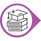 paarse druppelvorm met middenin een pictogram van een stapel boeken en erbovenop een study cap