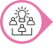 een lila druppel met middenin een pictogram van drie silhouetten verbonden met eronder lijnen en erboven een lamp dat licht uitstraalt.