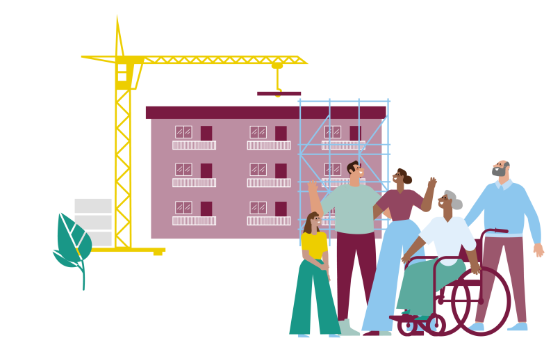 We zien een aantal bewoners: een familie, een ouder stel waarvan de vrouw in een rolstoel zit. Achter de bewoners wordt aan passende woning gebouwd.