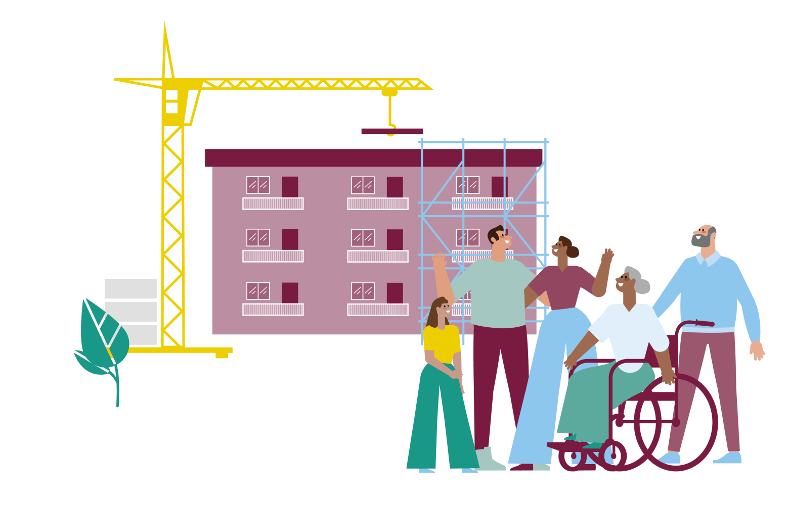 We zien een aantal bewoners: een familie, een ouder stel waarvan de vrouw in een rolstoel zit. Achter de bewoners wordt aan passende woning gebouwd.