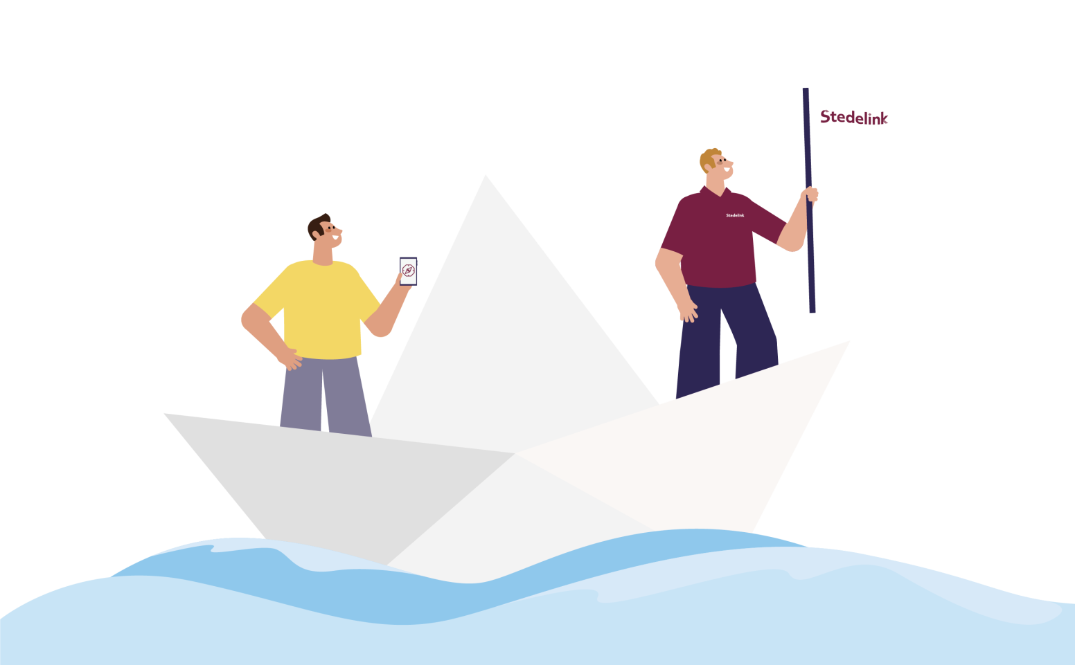 We zien twee personen in een origami bootje op koers varen.