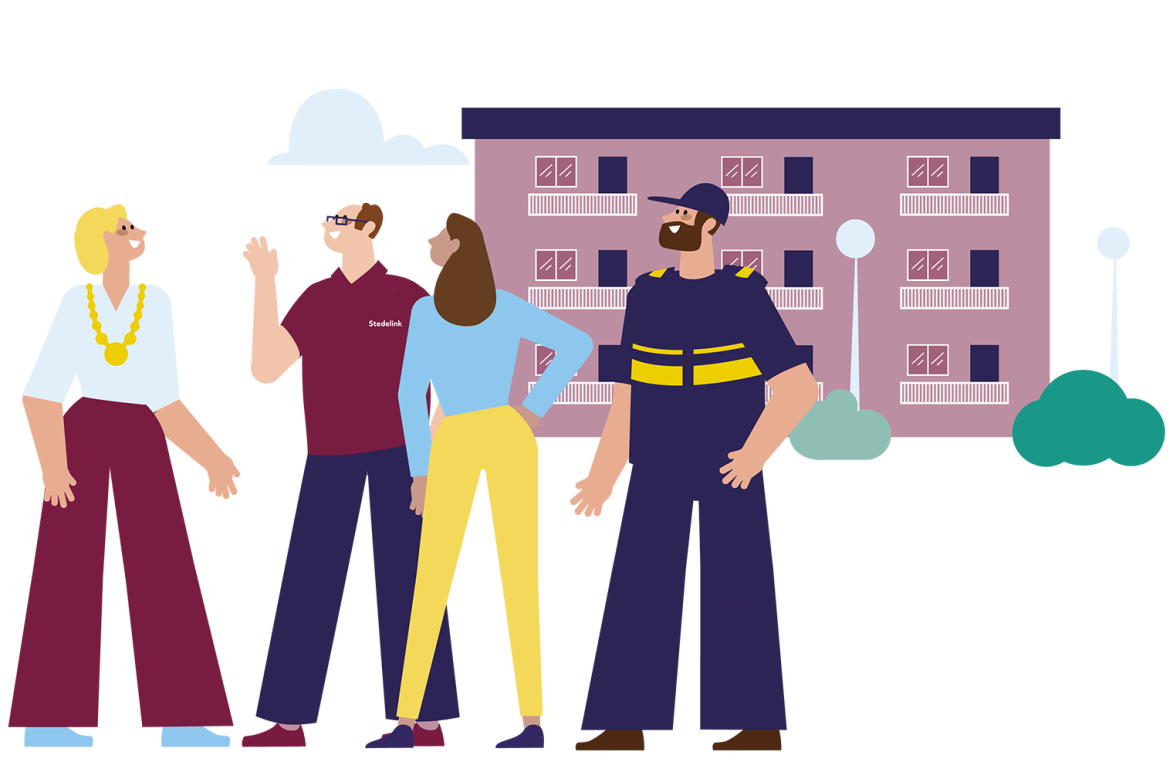 We zien een aantal bewoners in de wijk in gesprek met een wijkagent en de burgermeester.