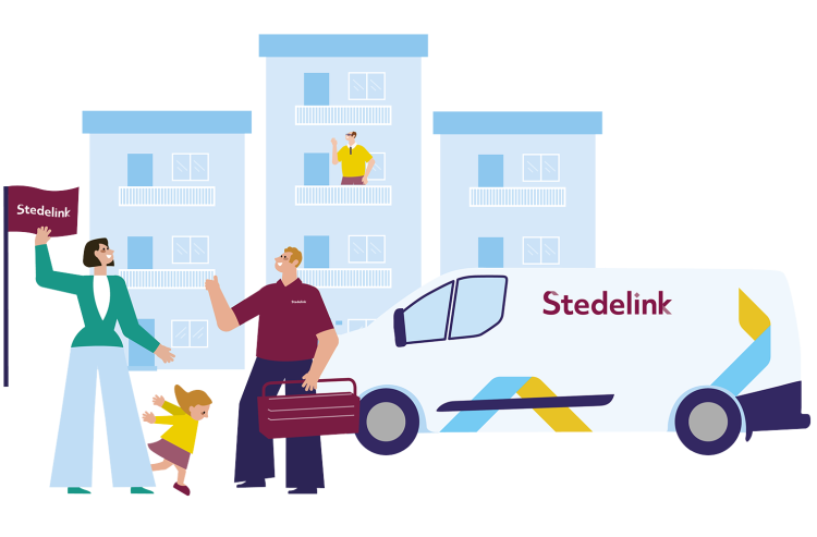 We zien een vrouw zwaaien naar een man op het balkon in één van de woningen in de verte. Om haar heen speelt een kindje. Tegelijkertijd steekt een Stedelink medewerker zijn duim op en is klaar om weer te vertrekken in zijn Stedelink busje.
