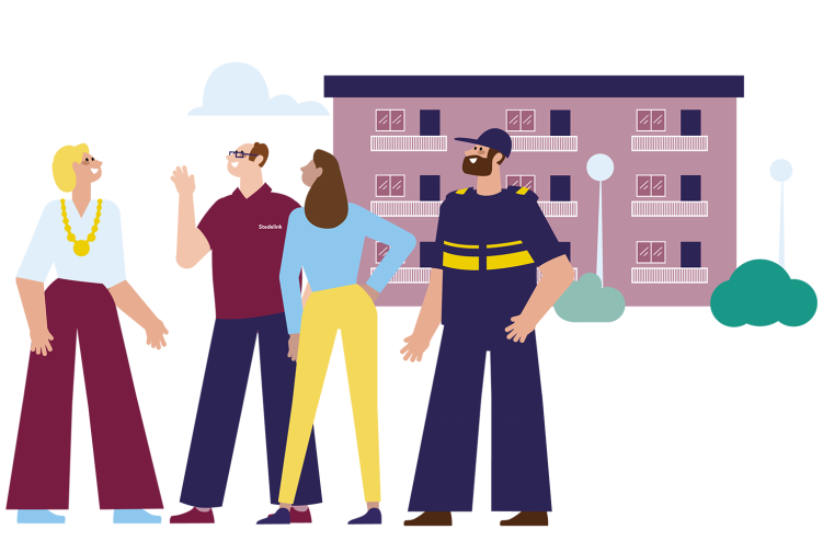 We zien een aantal bewoners in de wijk in gesprek met een wijkagent en de burgermeester.