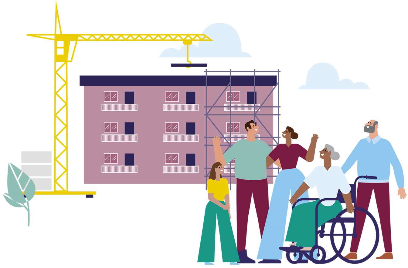 We zien een aantal bewoners: een familie, een ouder stel waarvan de vrouw in een rolstoel zit. Achter de bewoners wordt aan passende woning gebouwd.