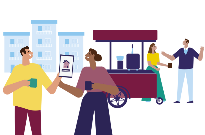 We zien bewoners en Stedelink medewerkers in gesprek onder het genot van een kop koffie. Één van de bewoners bekijkt via zijn telefoon de Stedelink website.