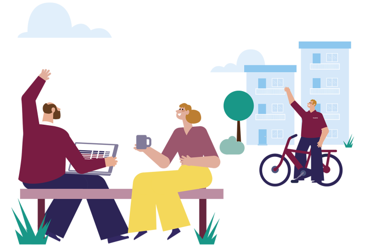 We zien twee Stedelink medewerkers naar elkaar zwaaien in de wijk.