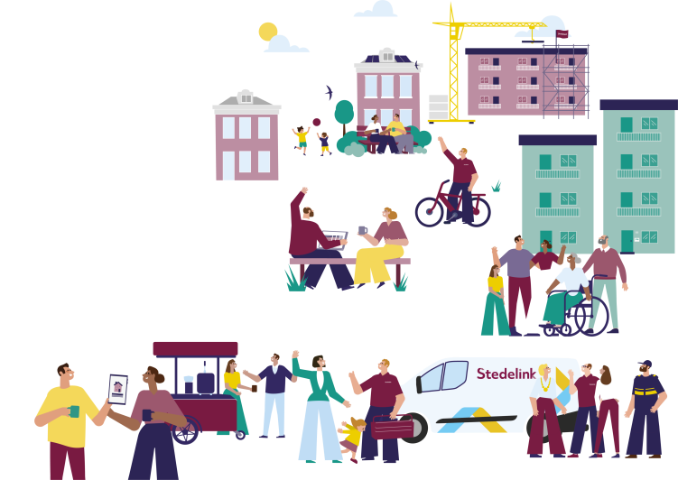 We zien een illustratie van een wijk met zowel huurders als Stedelink medewerkers. Kinderen spelen, mensen drinken koffie en komen samen.