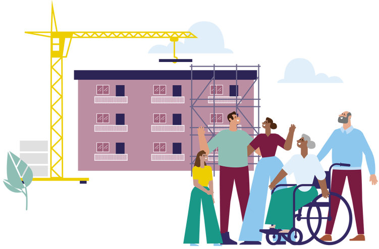We zien een aantal bewoners: een familie, een ouder stel waarvan de vrouw in een rolstoel zit. Achter de bewoners wordt aan passende woning gebouwd.