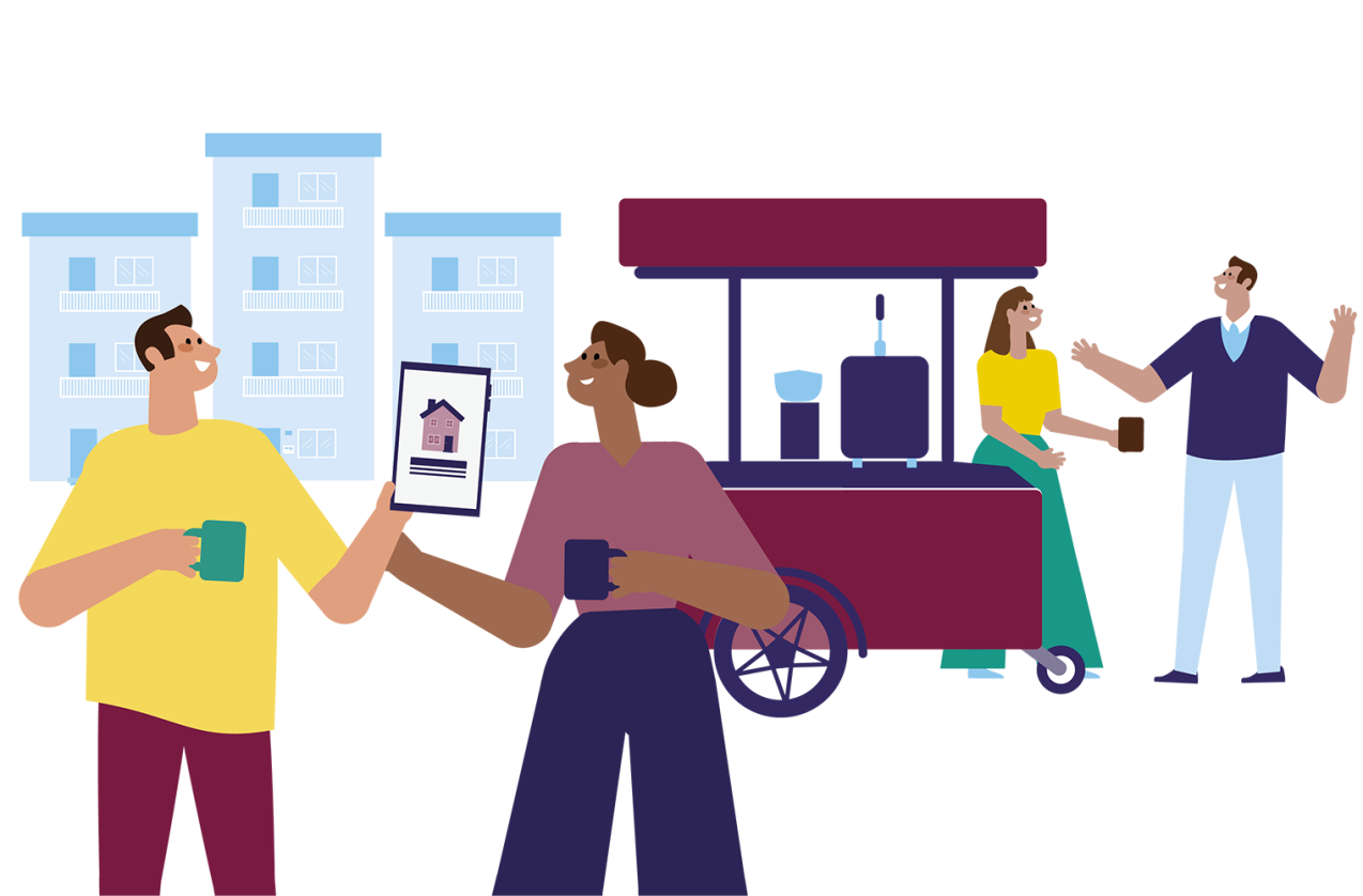 We zien bewoners en Stedelink medewerkers in gesprek onder het genot van een kop koffie. Één van de bewoners bekijkt via zijn telefoon de Stedelink website.