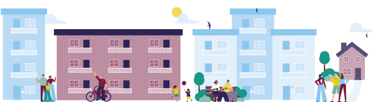 We zien een illustratie van verschillende type woningen, mensen en medewerkers van Stedelink