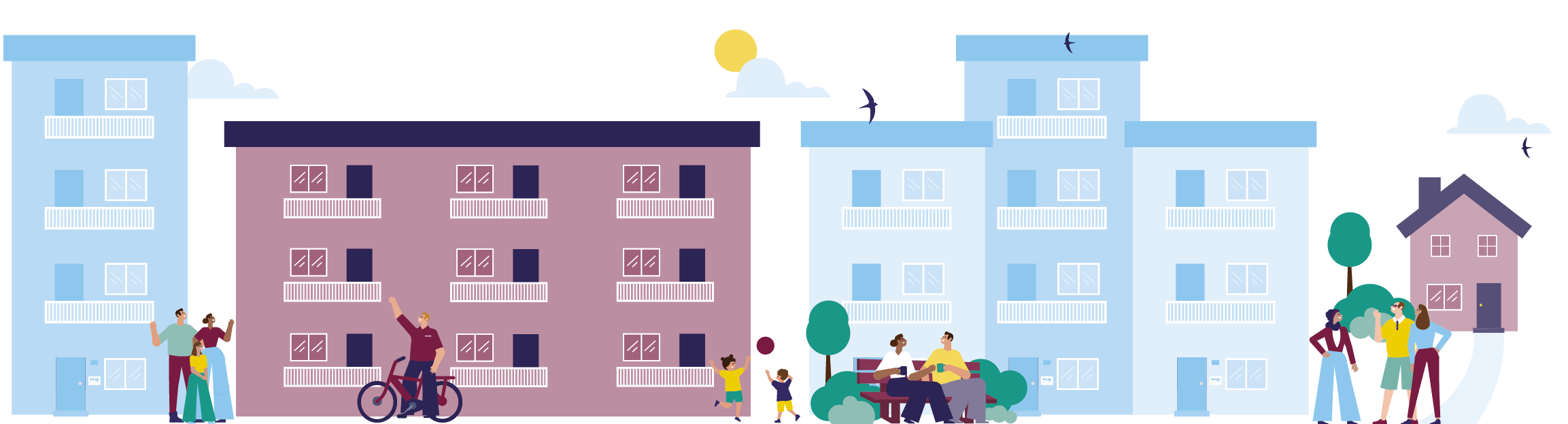 We zien een illustratie van verschillende type woningen, mensen en medewerkers van Stedelink