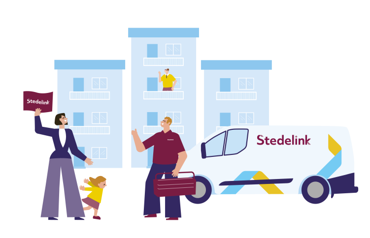 We zien een vrouw zwaaien naar een man op het balkon in één van de woningen in de verte. Om haar heen speelt een kindje. Tegelijkertijd steekt een Stedelink medewerker zijn duim op en is klaar om weer te vertrekken in zijn Stedelink busje.