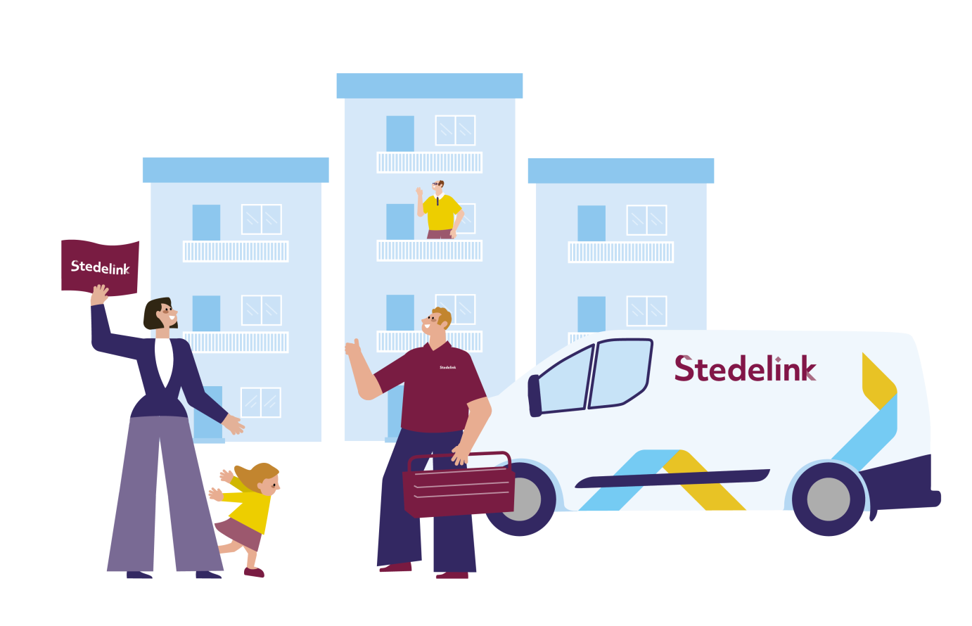 We zien een vrouw zwaaien naar een man op het balkon in één van de woningen in de verte. Om haar heen speelt een kindje. Tegelijkertijd steekt een Stedelink medewerker zijn duim op en is klaar om weer te vertrekken in zijn Stedelink busje.
