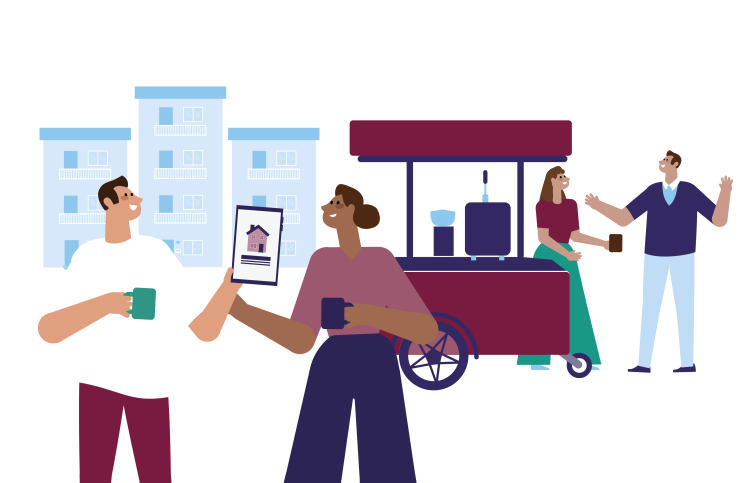 We zien bewoners en Stedelink medewerkers in gesprek onder het genot van een kop koffie. Één van de bewoners bekijkt via zijn telefoon de Stedelink website.