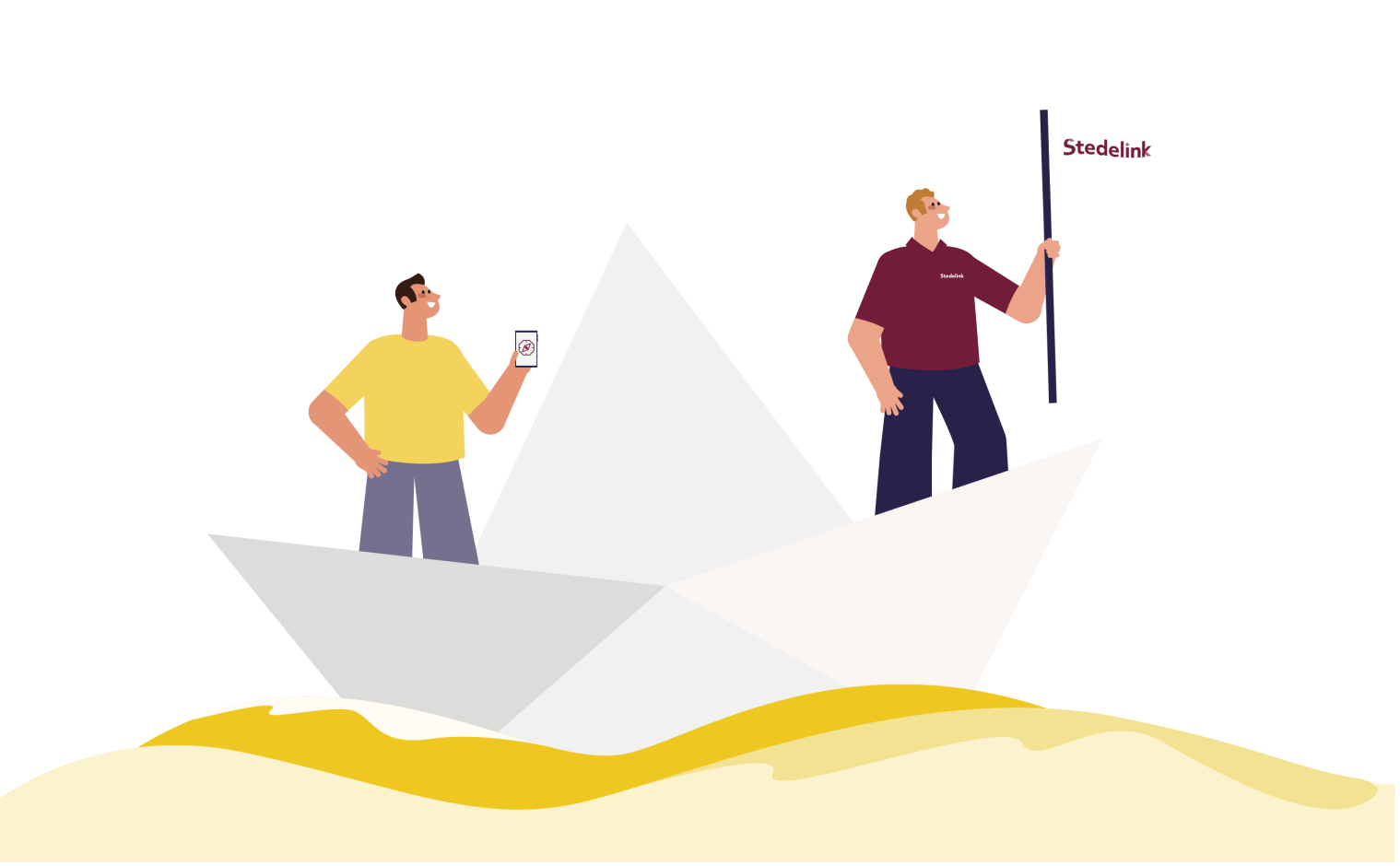 We zien twee personen in een origami bootje op koers varen.