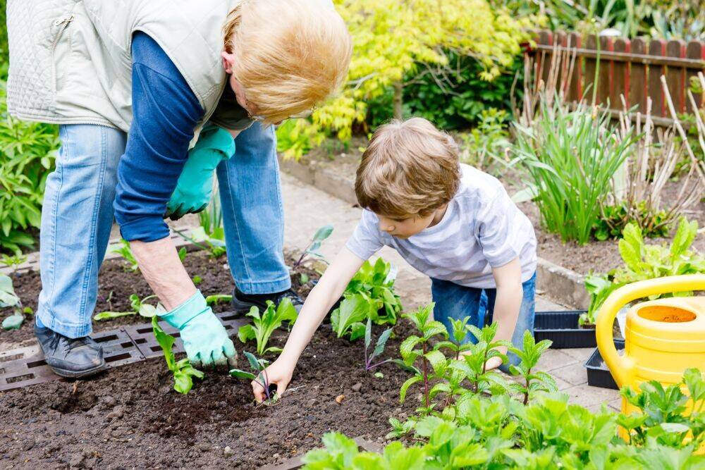 We zien twee bewoners werken in de tuin