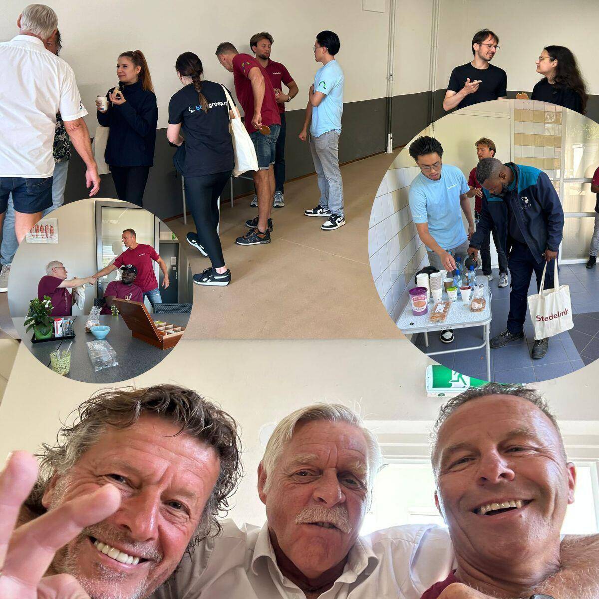 Groep schoonmaakpartners en bewoners praat samen en ontvangt cadeaus tijdens waarderingsmoment in woongebouw.