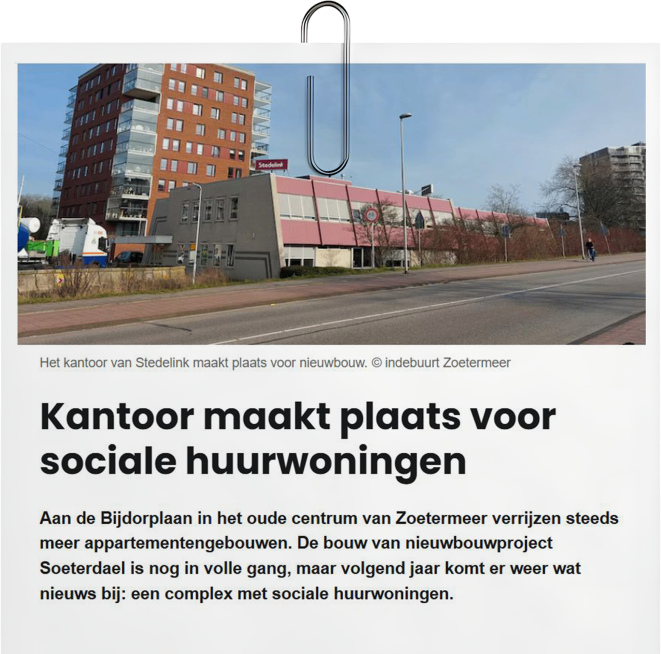 Dit is een krantenknipsel waarop het oude kantoor van Stedelink te zien is, waarin een aantal sociale huurwoningen gerealiseerd gaan worden.