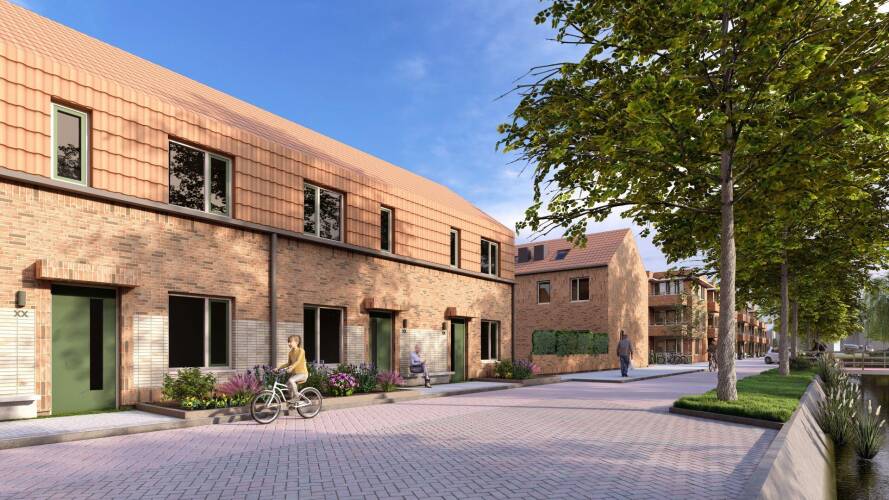 Een artist impression van de nieuwbouwwoningen. Hierop is een straat te zien waaraan de rijwoningen grenzen.