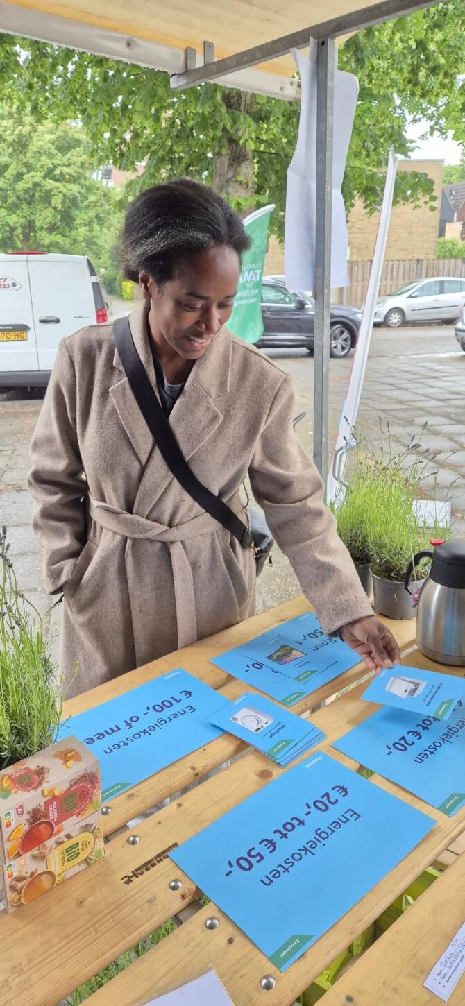 Persoon speelt energiespel en legt kaartjes met stroomverbruik van apparaten op tafel tijdens wijkbijeenkomst.