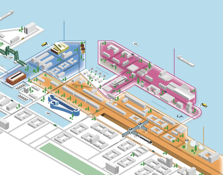 3D-illustratie van de gebiedsontwikkeling rond de Rotterdamse Hef. De kaart toont verschillende deelgebieden in kleur aangegeven: blauw, roze, oranje en groen, elk met een plus-icoon voor meer informatie. Te zien zijn onder andere waterwegen, woonblokken, bruggen, spoorlijn en openbaar vervoer.