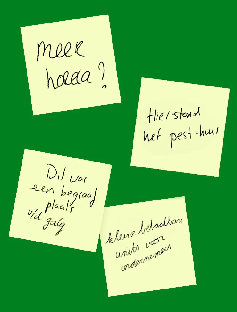 Groene achtergrond met vier gele post-its waarop met de hand geschreven staat: ‘Meer horeca?’, ‘Hier stond het pest-huis’, ‘Dit was een begaaf plaats v/d galg’, en ‘Kleine betaalbare units voor ondernemers’