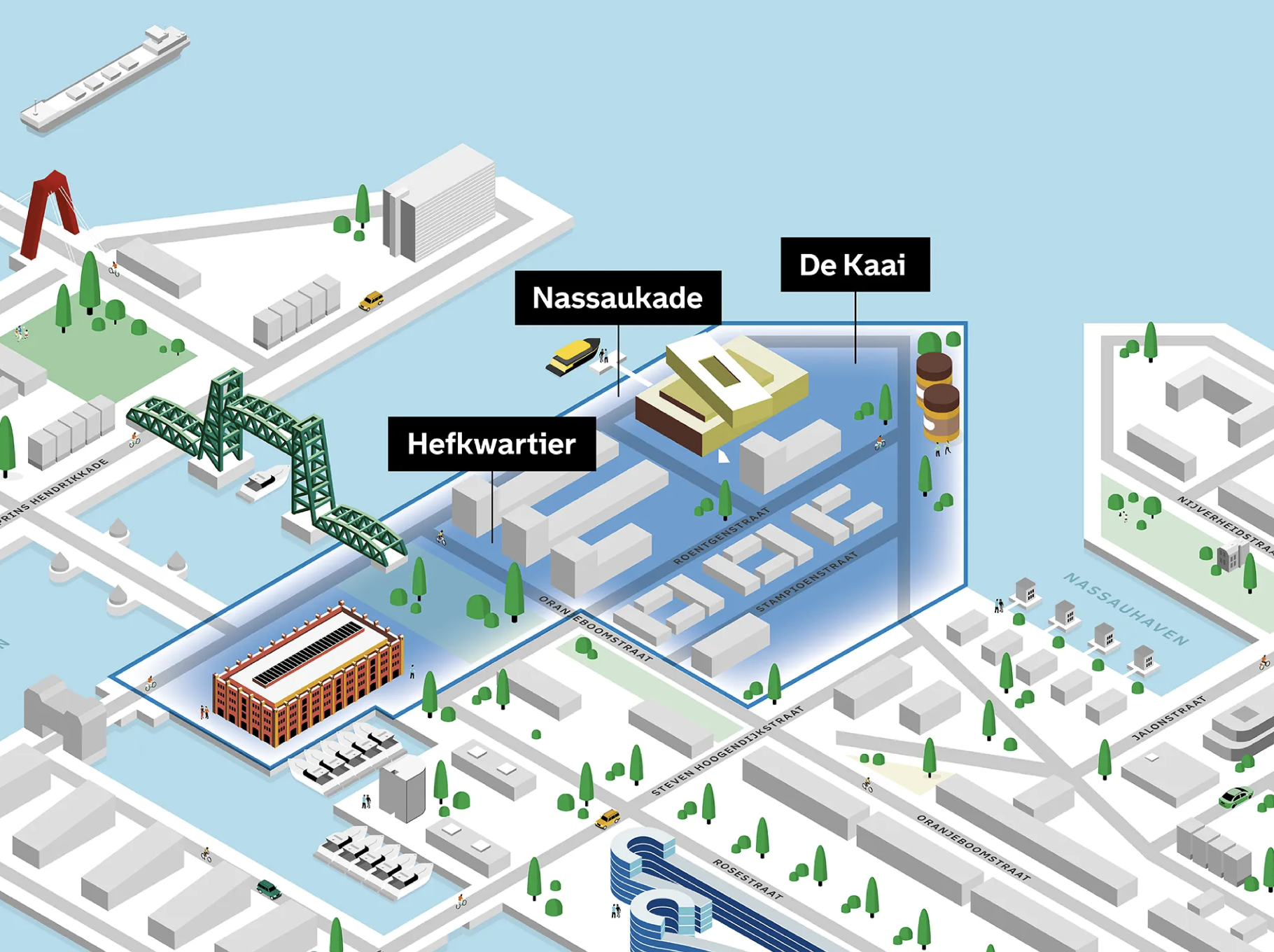 3D-illustratie van het Hefkwartiergebied in Rotterdam met aanduiding van projecten: Hefkwartier, Nassaukade en De Kaai. Kaart toont water, bruggen, woonblokken en de ligging langs de Nassauh aven.