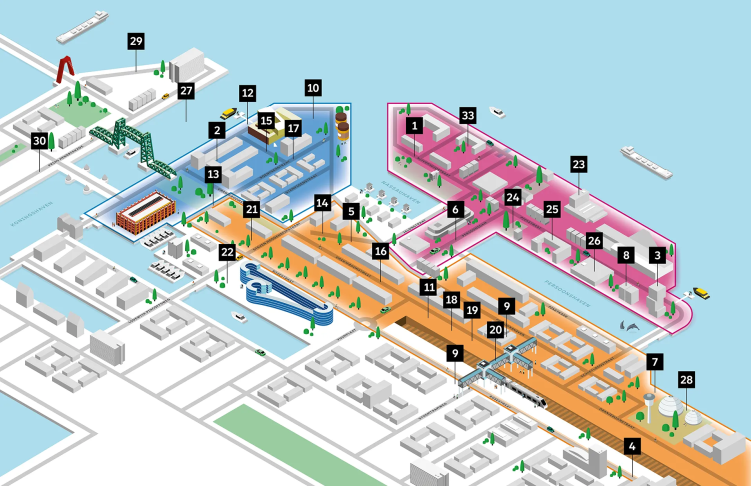 3D-illustratie van gebiedsontwikkeling rond de Rotterdamse Hef met deellocaties in kleur (blauw, roze, oranje en groen). De kaart bevat 33 genummerde aanduidingen van gebouwen, straten, bruggen en projecten langs de Nassaukade, Nassauhaven en Persoonshaven.