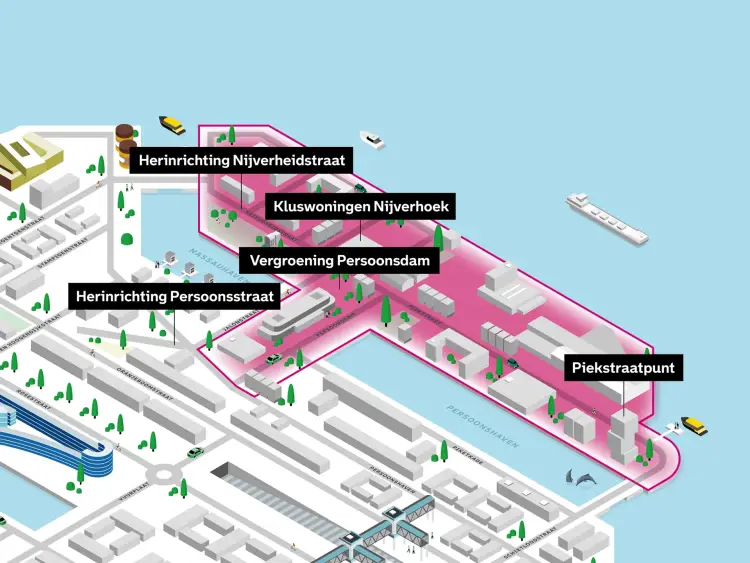 3D-illustratie van het gebied Persoonsdam, Persoonsdam, Nijverheidsstraat, Nijverhoek en Piekstraatpunt in Rotterdam. Kaart toont water, bruggen, woonblokken en de ligging langs de Nassauhaven en Persoonshaven.