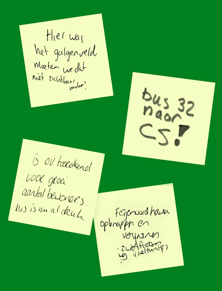 Groene achtergrond met vier gele post-its met handgeschreven teksten: ‘Hier was het galgenveld, moeten we dat niet zichtbaar maken?’, ‘Bus 32 naar CS!’, ‘Is OV toereikend voor groei aantal bewoners? Bus is nu al druk.’, en ‘Feijenoordhaven opknappen en vergroenen. Zwerfafval weg. Geveltuintjes’.