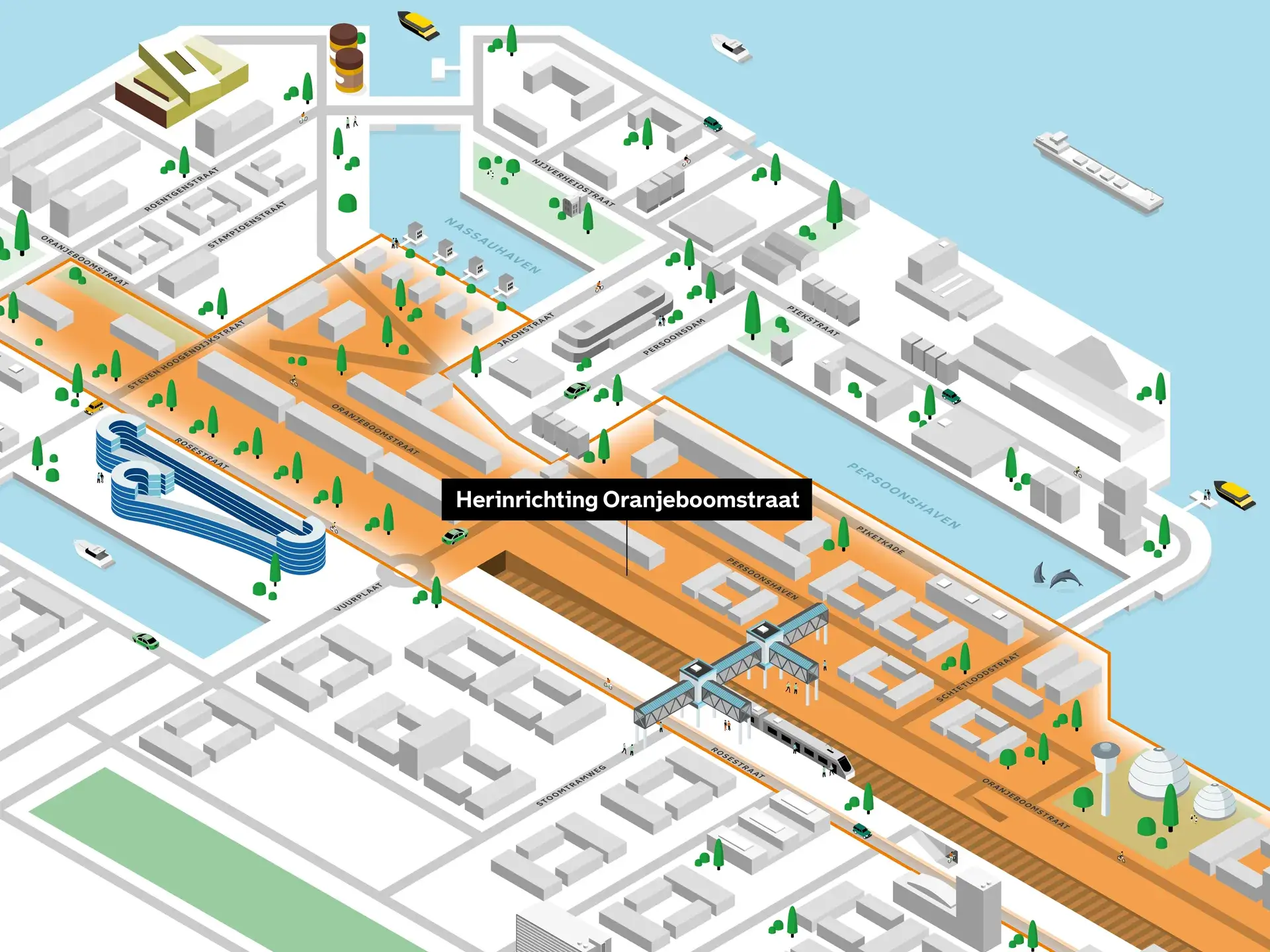 3D-illustratie van de Oranjeboomstraat in Rotterdam met aanduiding van project: Herinrichting Oranjeboomstraat. Kaart toont water, bruggen, woonblokken en de ligging van de Oranjeboomstraat ten opzichte van de Nassauhaven en Persoonshaven.