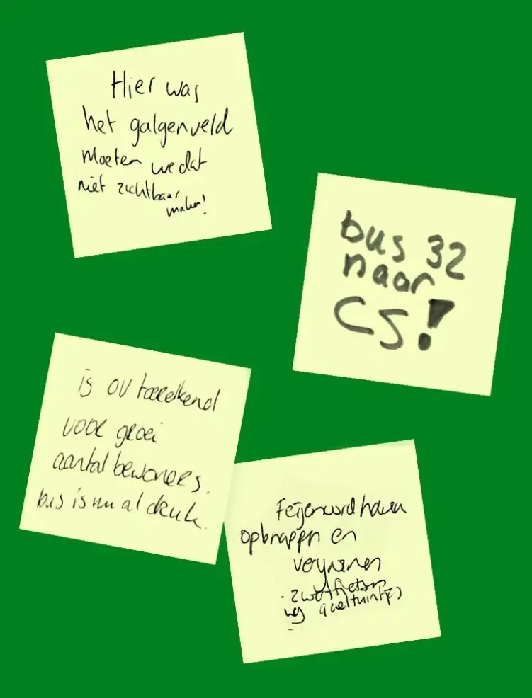 Groene achtergrond met vier gele post-its met handgeschreven teksten: ‘Hier was het galgenveld, moeten we dat niet zichtbaar maken?’, ‘Bus 32 naar CS!’, ‘Is OV toereikend voor groei aantal bewoners? Bus is nu al druk.’, en ‘Feijenoordhaven opknappen en vergroenen. Zwerfafval weg. Geveltuintjes’.