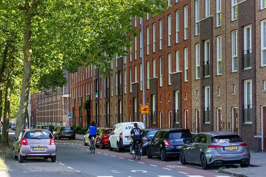 Beeld van de Oranjeboomstraat; hoge rijen huizen met auto's aan weerszijden geparkeerd, bomen en fietsers aan 1 kant.