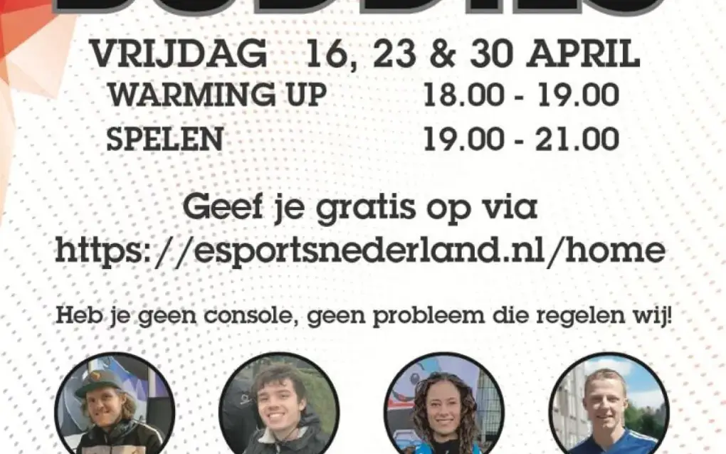 Een aankondigingsposter met datums en tijden voor een esports-activiteit en kleine portretfoto&rsquo;s van deelnemers.