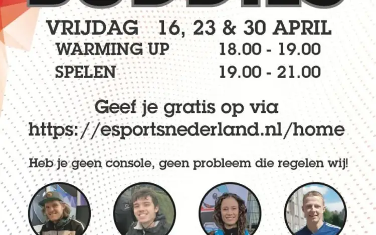 Een aankondigingsposter met datums en tijden voor een esports-activiteit en kleine portretfoto&rsquo;s van deelnemers.