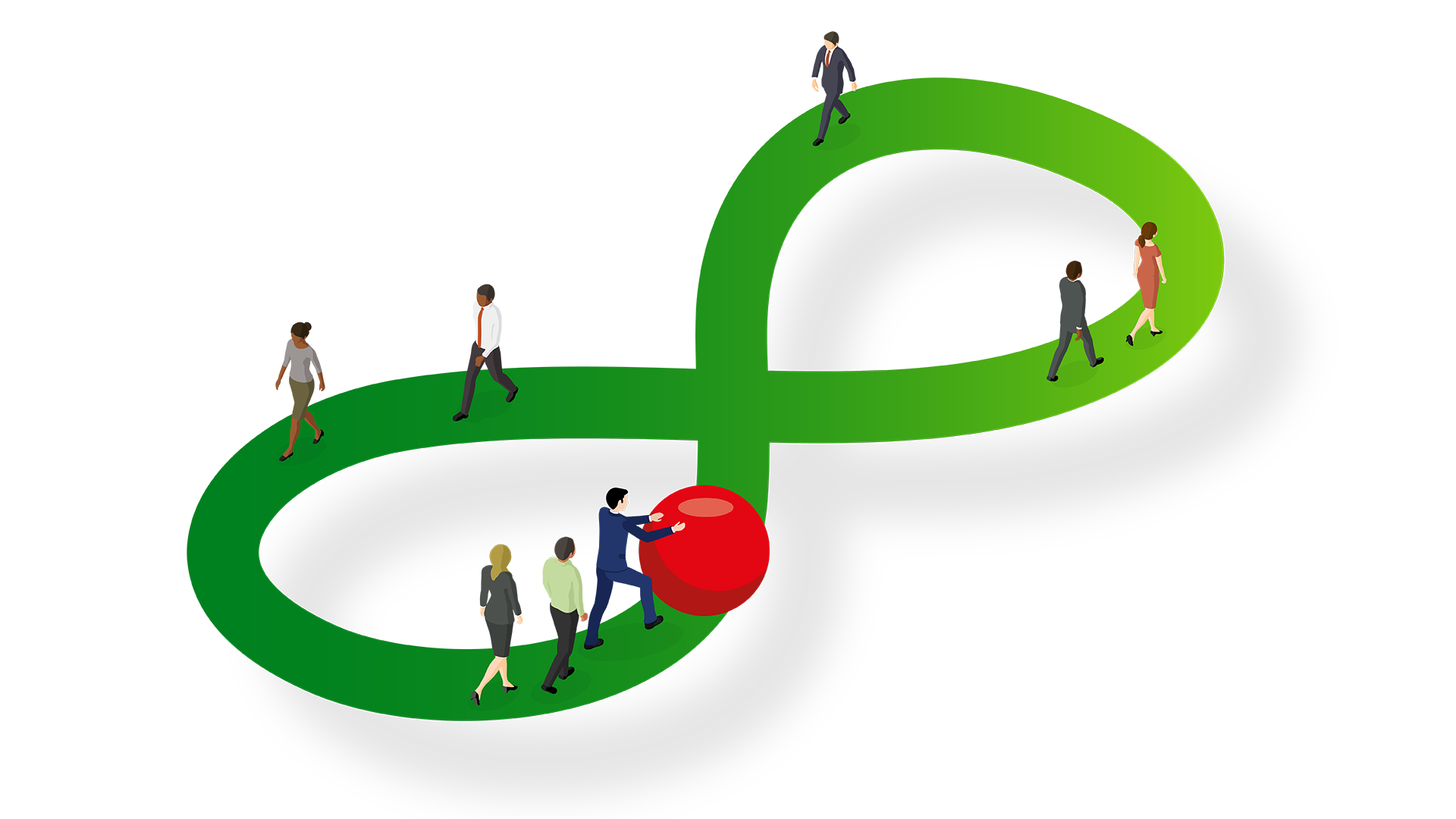 Illustratie van mensen die op een vorm lopen die oneindigheid uitbeeld.