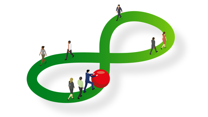 Illustratie van mensen die op een vorm lopen die oneindigheid uitbeeld.