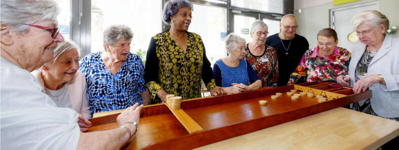 Groep ouderen aan het sjoelen