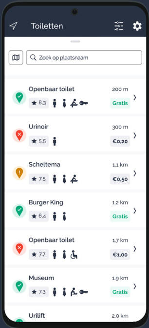 Screenshot van de toiletvoorzienings app